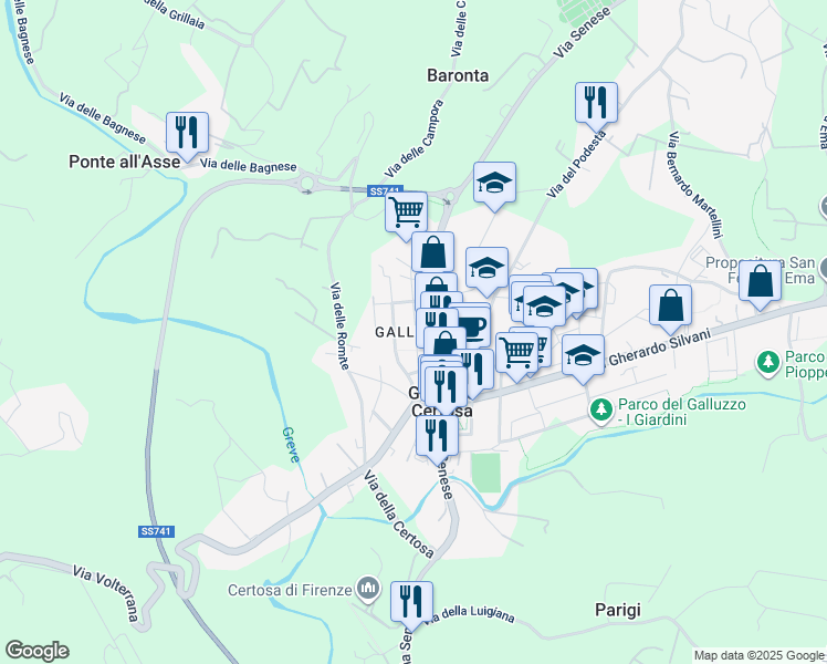 map of restaurants, bars, coffee shops, grocery stores, and more near 46n Via San Michele delle Campora in Firenze