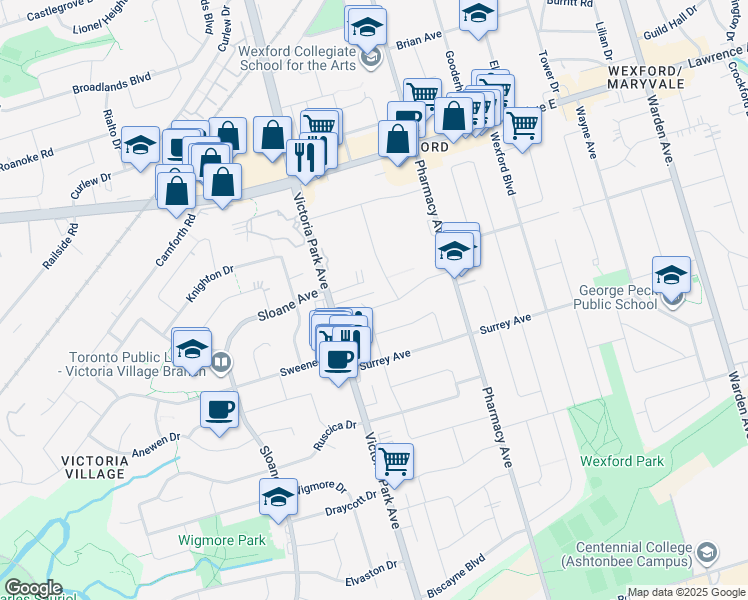 map of restaurants, bars, coffee shops, grocery stores, and more near 66 Inniswood Drive in Toronto