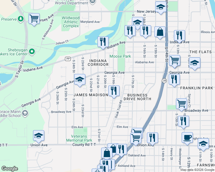 map of restaurants, bars, coffee shops, grocery stores, and more near 1447 S 20th St in Sheboygan