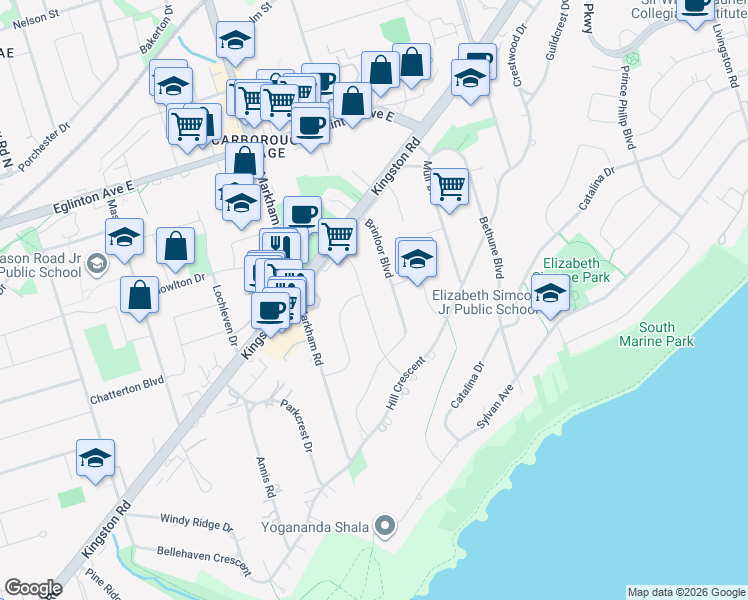 map of restaurants, bars, coffee shops, grocery stores, and more near 19 Duncombe Boulevard in Toronto