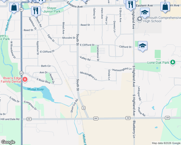 map of restaurants, bars, coffee shops, grocery stores, and more near 914 Mockingbird Lane in Plymouth