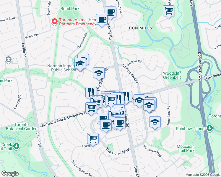 map of restaurants, bars, coffee shops, grocery stores, and more near 1200 Don Mills Road in Toronto