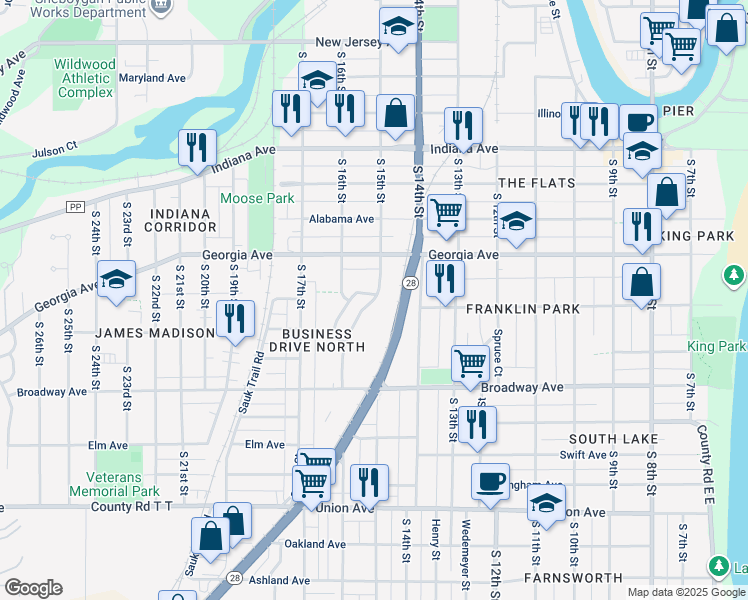 map of restaurants, bars, coffee shops, grocery stores, and more near 1422 South 15th Street in Sheboygan