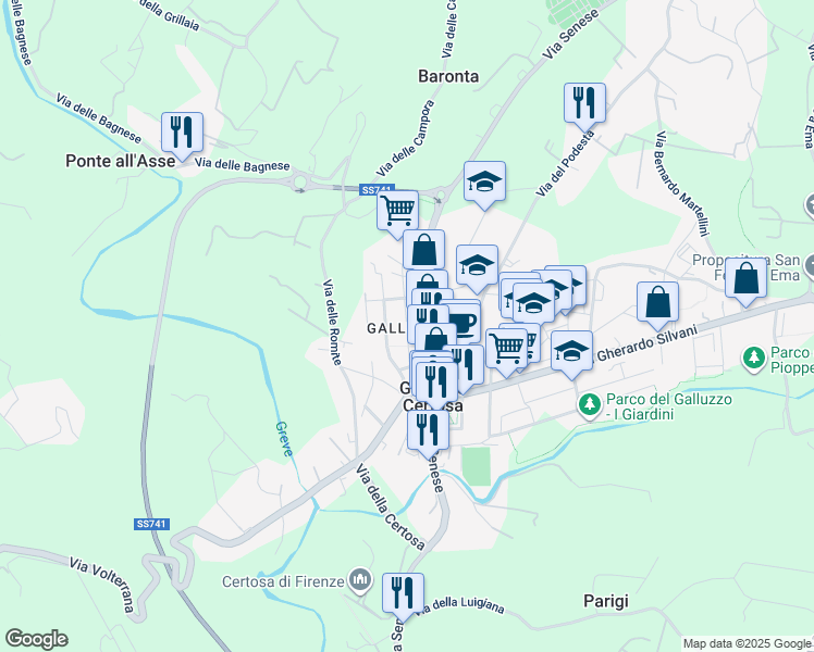 map of restaurants, bars, coffee shops, grocery stores, and more near 46n Via San Michele delle Campora in Firenze
