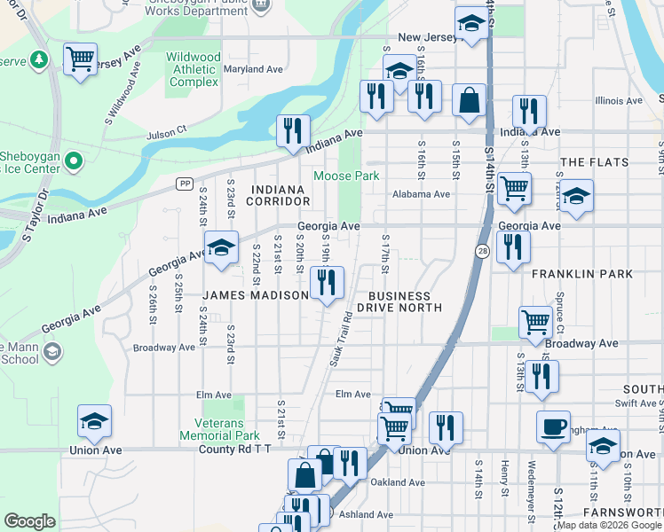 map of restaurants, bars, coffee shops, grocery stores, and more near 1447 South 19th Street in Sheboygan