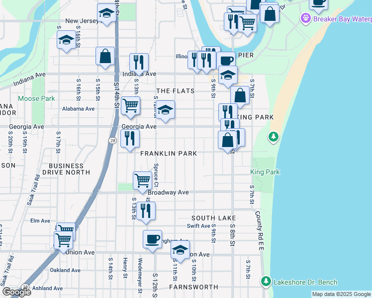 map of restaurants, bars, coffee shops, grocery stores, and more near 1016 Clara Ave in Sheboygan