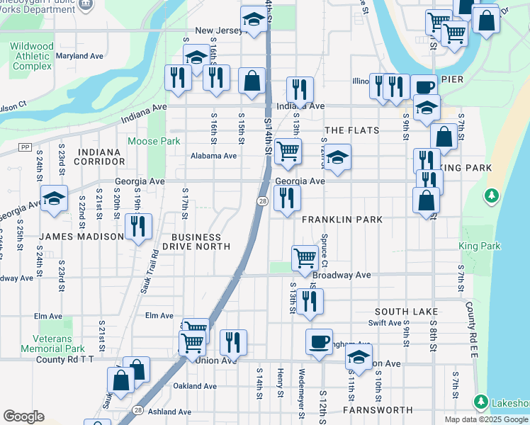 map of restaurants, bars, coffee shops, grocery stores, and more near 1450A South 14th Street in Sheboygan