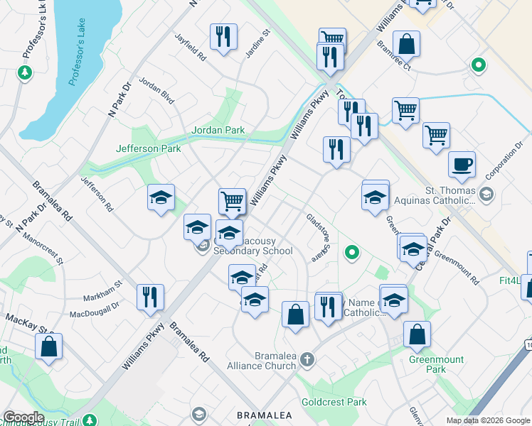 map of restaurants, bars, coffee shops, grocery stores, and more near 38 Grand Valley Drive in Brampton