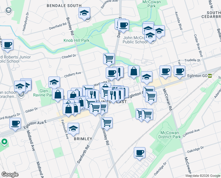 map of restaurants, bars, coffee shops, grocery stores, and more near in Toronto