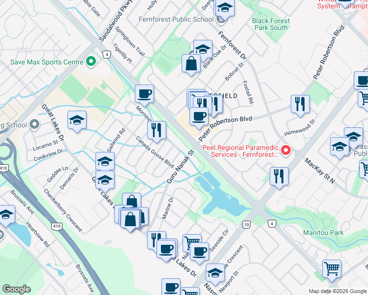 map of restaurants, bars, coffee shops, grocery stores, and more near 41 Morningmist Street in Brampton
