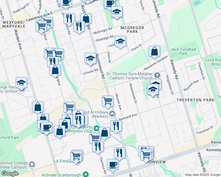 map of restaurants, bars, coffee shops, grocery stores, and more near in Toronto