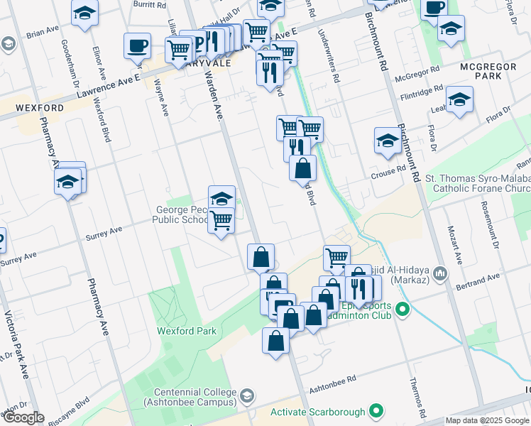 map of restaurants, bars, coffee shops, grocery stores, and more near in Toronto