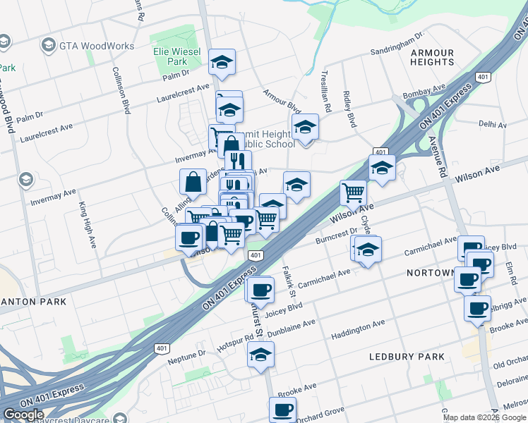 map of restaurants, bars, coffee shops, grocery stores, and more near 258 Wilson Avenue in Toronto