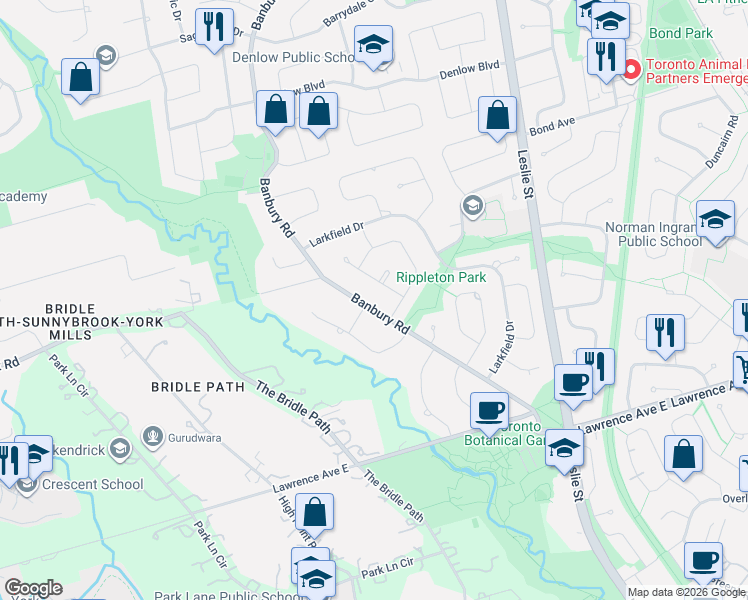 map of restaurants, bars, coffee shops, grocery stores, and more near 63 Banbury Road in Toronto
