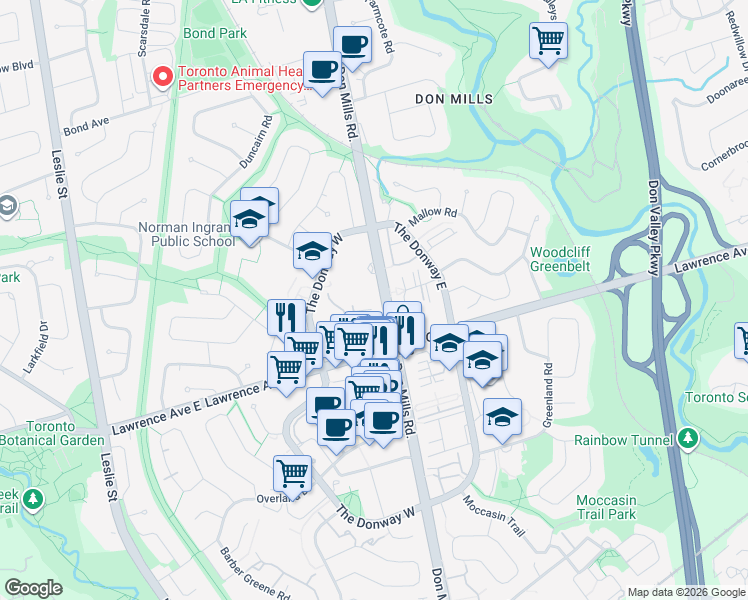 map of restaurants, bars, coffee shops, grocery stores, and more near 1152 Don Mills Road in Toronto