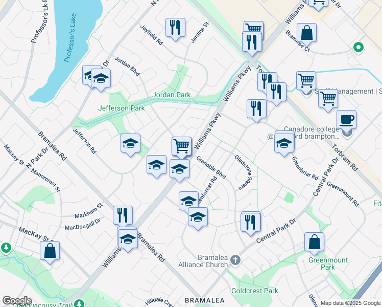 map of restaurants, bars, coffee shops, grocery stores, and more near Williams Parkway & Jordan Boulevard in Brampton