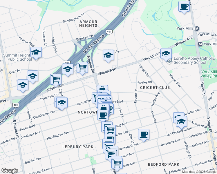 map of restaurants, bars, coffee shops, grocery stores, and more near 200 Ridley Boulevard in Toronto