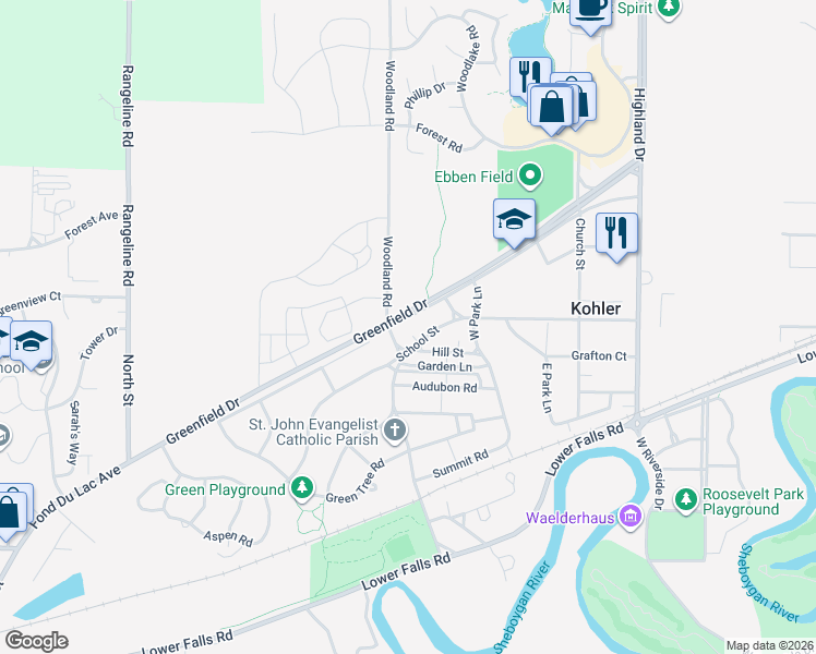 map of restaurants, bars, coffee shops, grocery stores, and more near 536 School Street in Kohler