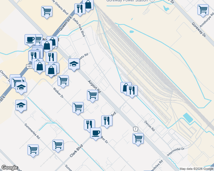 map of restaurants, bars, coffee shops, grocery stores, and more near 70 Delta Park Boulevard in Brampton