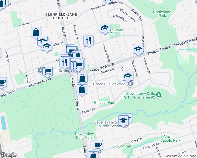 map of restaurants, bars, coffee shops, grocery stores, and more near 8 Kanarick Crescent in Toronto