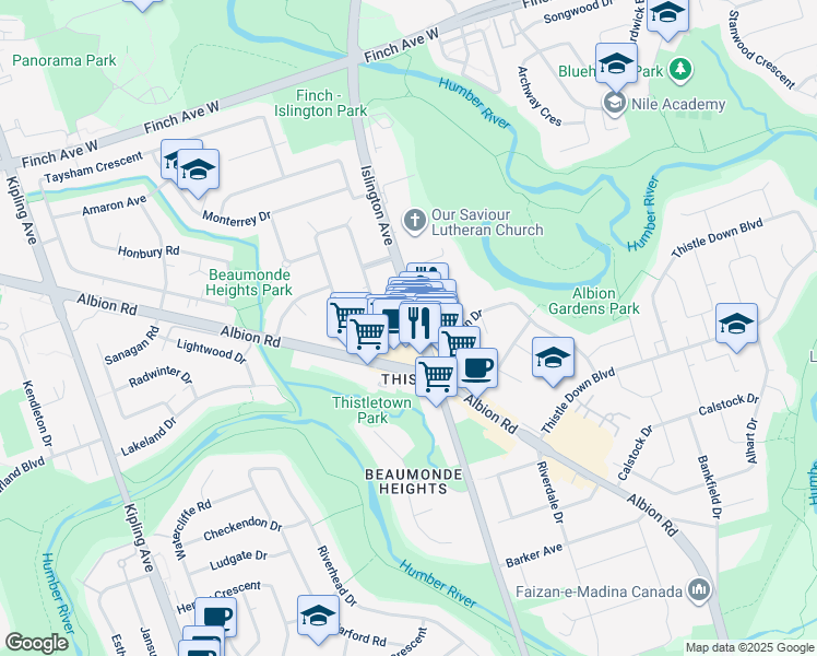 map of restaurants, bars, coffee shops, grocery stores, and more near 2664 Islington Avenue in Toronto