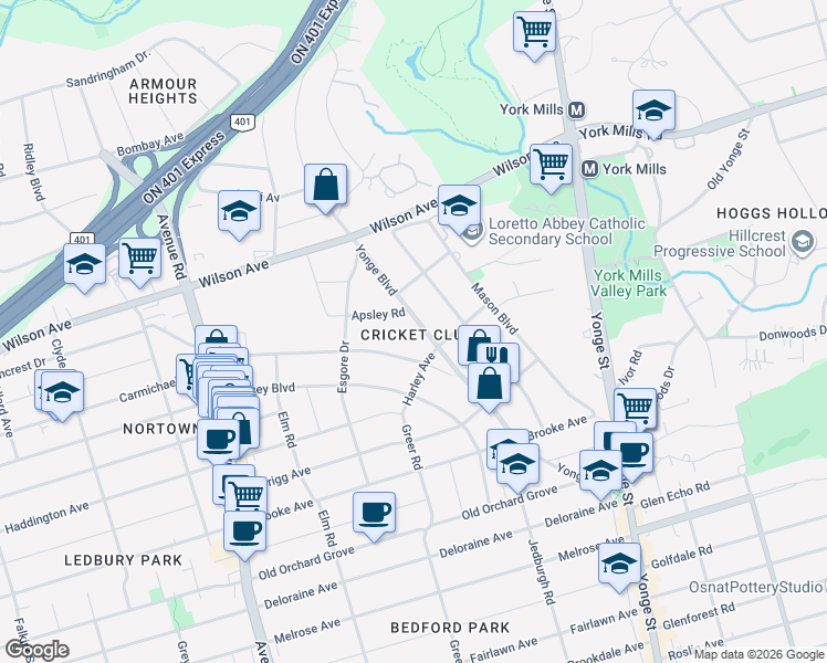 map of restaurants, bars, coffee shops, grocery stores, and more near 154 Yonge Boulevard in Toronto
