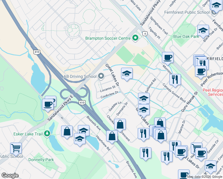 map of restaurants, bars, coffee shops, grocery stores, and more near 12 Locarno Street in Brampton