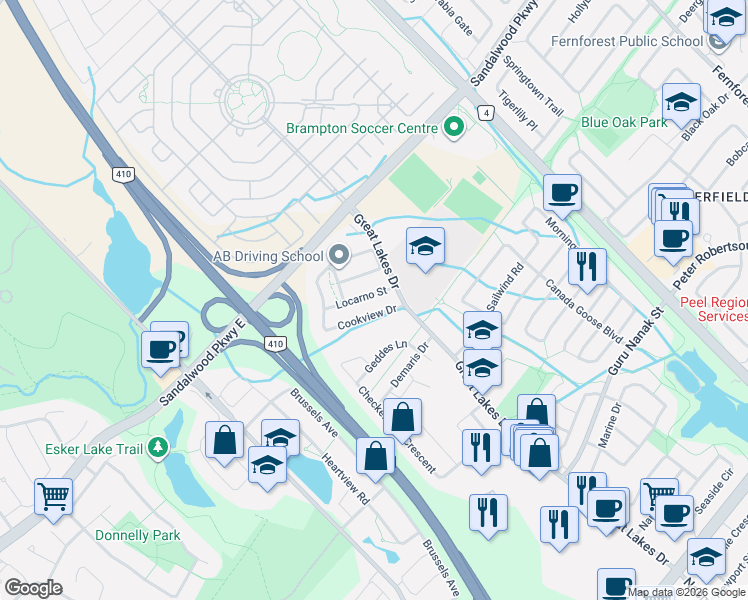 map of restaurants, bars, coffee shops, grocery stores, and more near 12 Locarno Street in Brampton