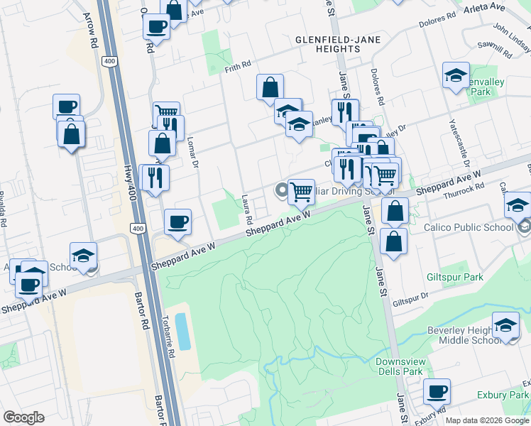 map of restaurants, bars, coffee shops, grocery stores, and more near 38 John Cabot Way in Toronto