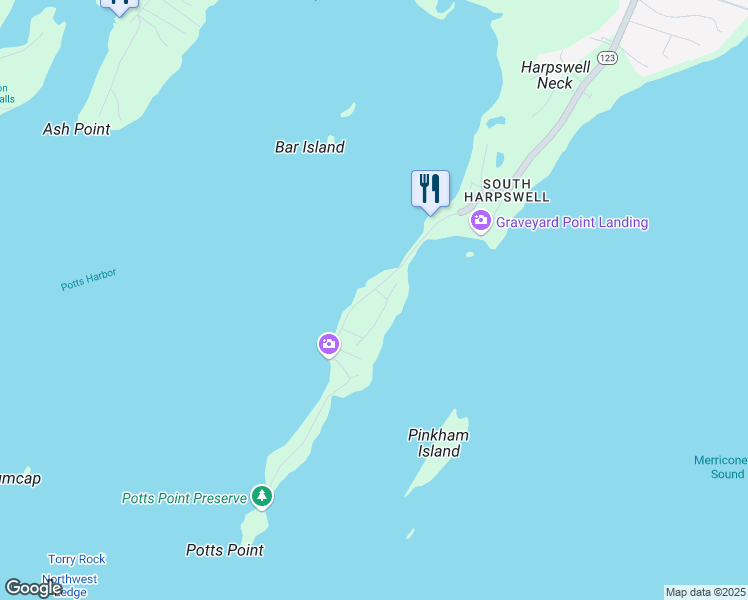map of restaurants, bars, coffee shops, grocery stores, and more near 1939 Harpswell Neck Road in Harpswell