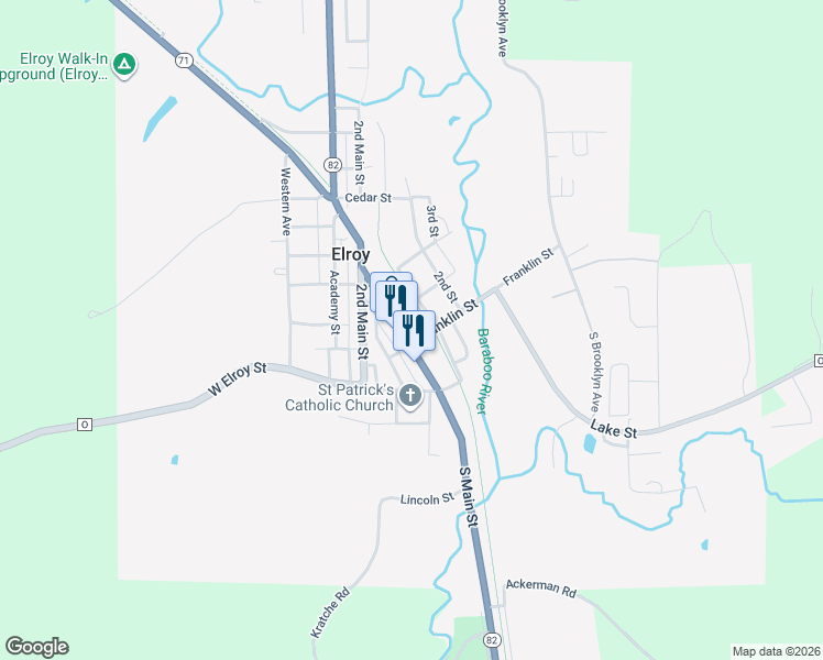 map of restaurants, bars, coffee shops, grocery stores, and more near 202 South Main Street in Elroy
