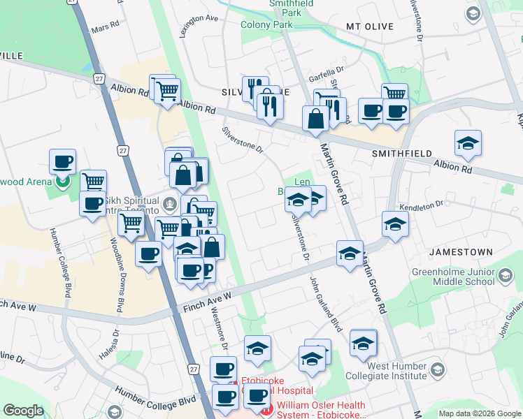 map of restaurants, bars, coffee shops, grocery stores, and more near Midhurst Drive in Toronto