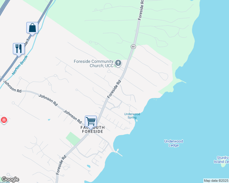 map of restaurants, bars, coffee shops, grocery stores, and more near 319 Foreside Road in Falmouth
