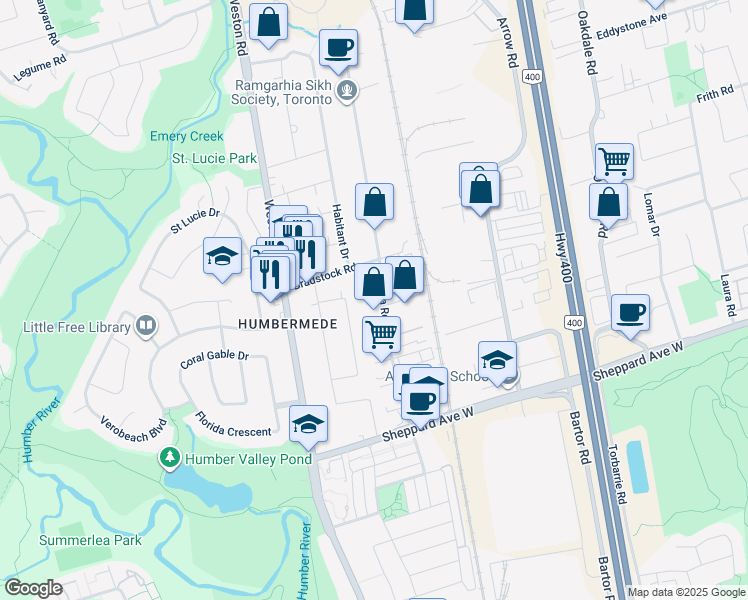 map of restaurants, bars, coffee shops, grocery stores, and more near 50 Rivalda Road in Toronto