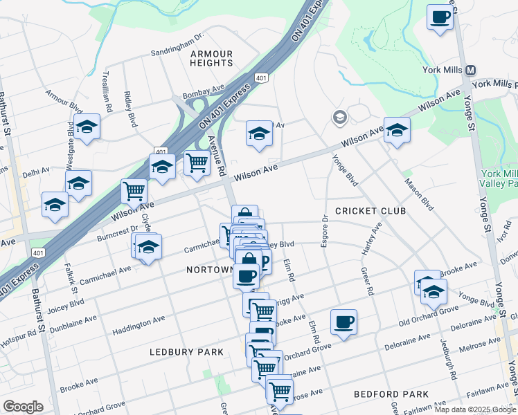 map of restaurants, bars, coffee shops, grocery stores, and more near 200 Ridley Boulevard in Toronto