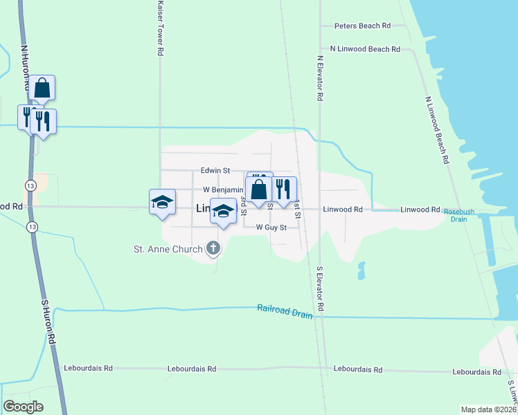 map of restaurants, bars, coffee shops, grocery stores, and more near 213 West Center Street in Linwood