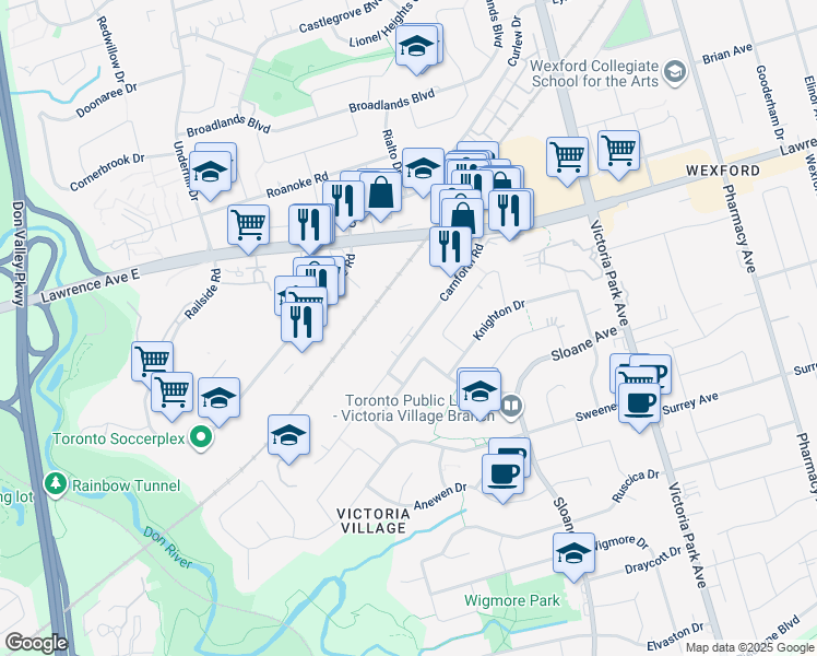 map of restaurants, bars, coffee shops, grocery stores, and more near 48 Carnforth Road in Toronto