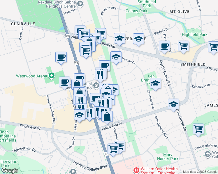 map of restaurants, bars, coffee shops, grocery stores, and more near in Toronto