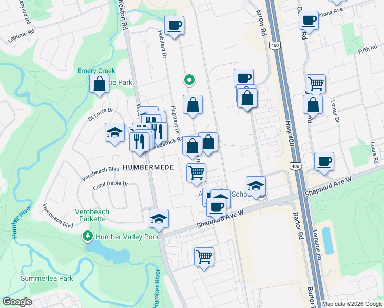 map of restaurants, bars, coffee shops, grocery stores, and more near 54 Rivalda Road in Toronto