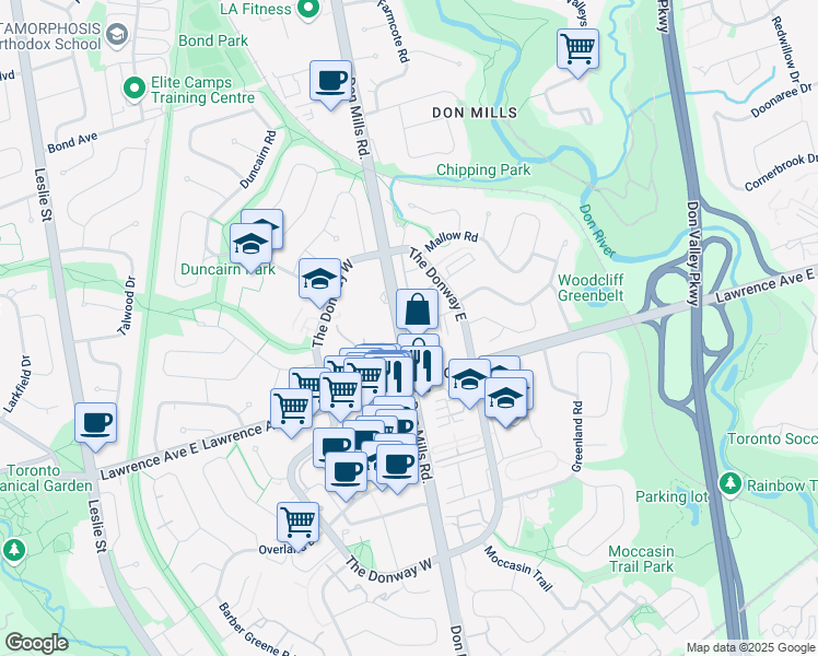 map of restaurants, bars, coffee shops, grocery stores, and more near 11 Wingreen Court in Toronto