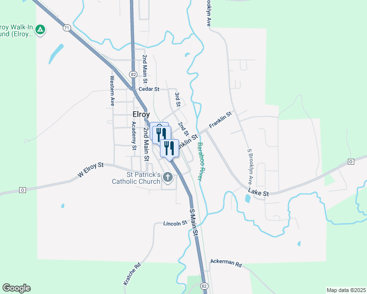 map of restaurants, bars, coffee shops, grocery stores, and more near 402 Franklin Street in Elroy