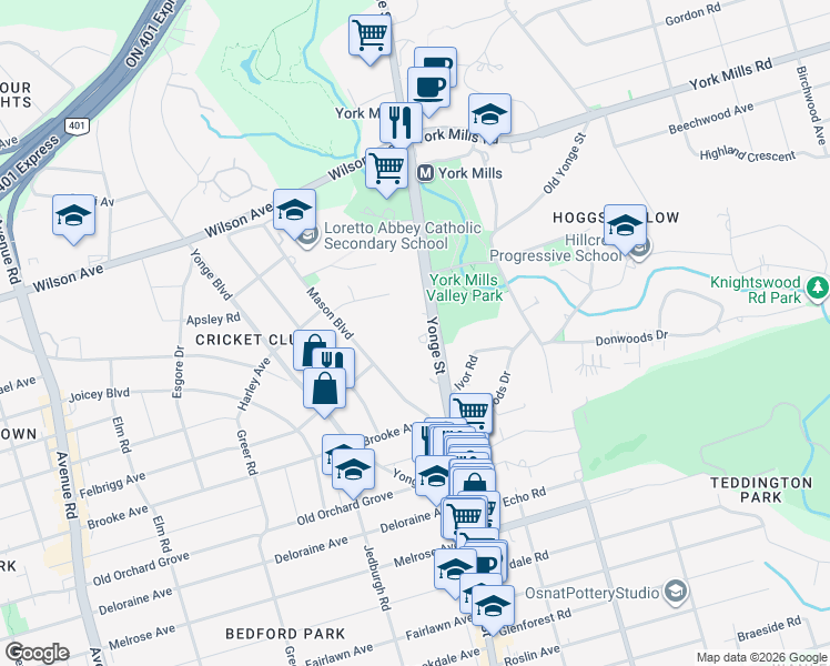 map of restaurants, bars, coffee shops, grocery stores, and more near 3800 Yonge Street in Toronto