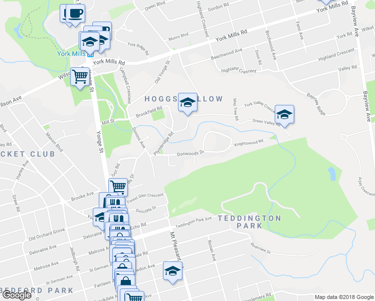 map of restaurants, bars, coffee shops, grocery stores, and more near 80 Donwoods Drive in Toronto