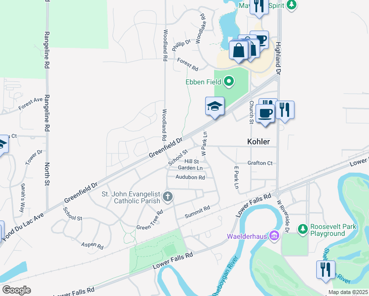 map of restaurants, bars, coffee shops, grocery stores, and more near 509 School Street in Kohler