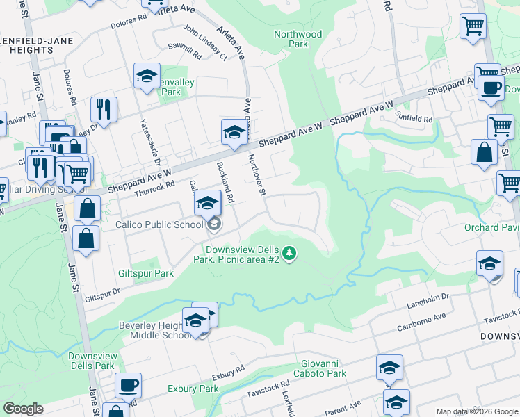map of restaurants, bars, coffee shops, grocery stores, and more near 208 Giltspur Drive in Toronto