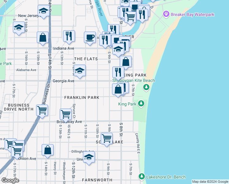map of restaurants, bars, coffee shops, grocery stores, and more near 1435 South 9th Street in Sheboygan