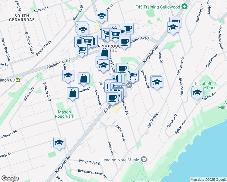 map of restaurants, bars, coffee shops, grocery stores, and more near 3474 Kingston Road in Toronto