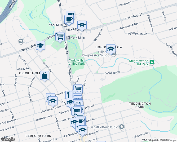 map of restaurants, bars, coffee shops, grocery stores, and more near 38 Donwoods Drive in Toronto