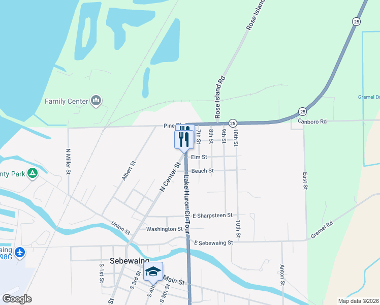 map of restaurants, bars, coffee shops, grocery stores, and more near 600-630 N Center St in Sebewaing