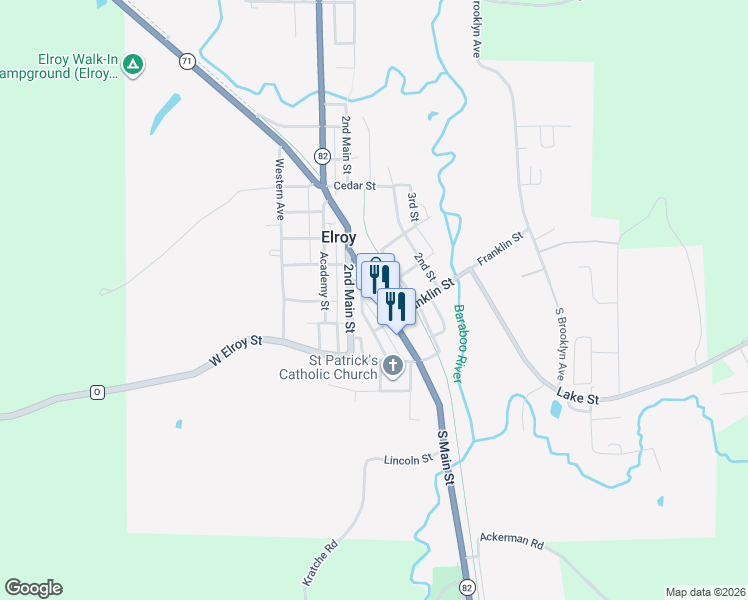 map of restaurants, bars, coffee shops, grocery stores, and more near 216 2nd Main Street in Elroy